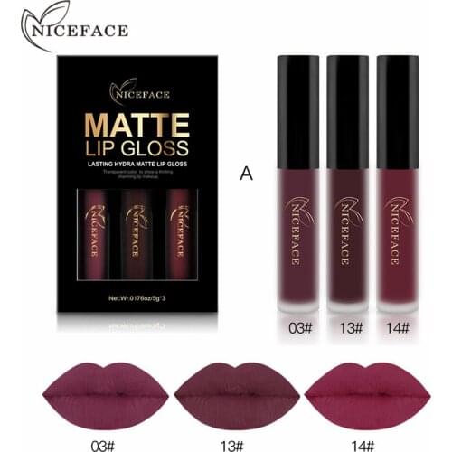 NICEFACE 3Pcs/lot Matte Liquid Lipstick Set Nude Brown Chocolate Rose Lipsticks Kit Lip Gloss Matte Lips Waterproof Long Lasting