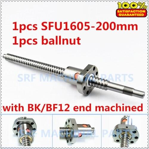 16mm Diam SFU1605 ballscrew set : RM1605-L200mm C7 Rolled Ball Screw 1pc+1pcs single ball nut with BK/BF12 end machined