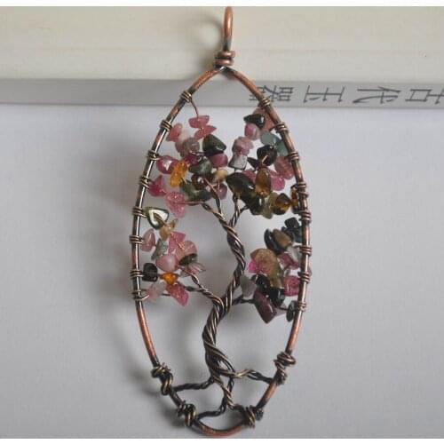Natural Handmade Tree of life Tourmaline Bronze Copper Wire Wrap GEM Pendant Jewelry S1306
