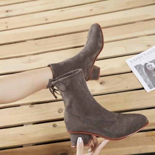 Flock stretch socks womens back knotted thick heels fashion ankle boots Chelsea solid round toe plush short ankle 2019 JXX27