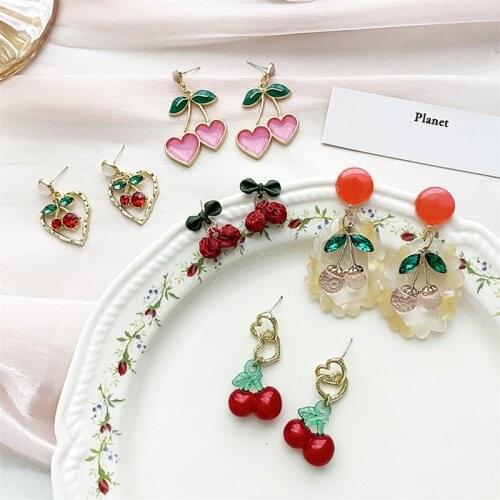 Spring And Summer New Sweet Temperament Fresh Earrings Cute Cartoon Cherry Ins Simple Ear Stud Korean Retro Earrings