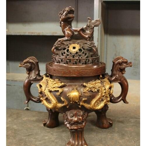 Wholesale factory 18" Folk Chinese Bronze Gilt Dragon Lion Head Kylin Statue Incense Burner Censer 25% off