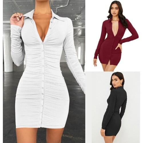 Autumn Long Sleeve Bodycon Dress For Women Sexy Party Low Cut Night Clubbing Mini Dresses Fashion Ruched Femme Vestidos 2021