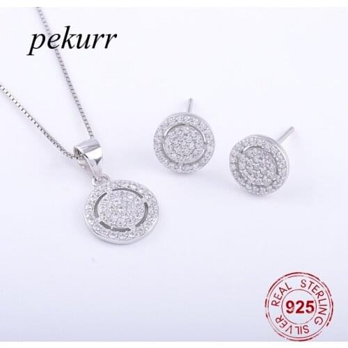 Pekurr 925 Sterling Silver Paved Gems Shot Target Round Earrings Necklace Sets For Women Zircon Pendant Fashion Jewelry Set
