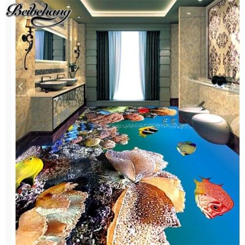 Beibehang Custom Photo Mural Wallpaper 3D Self Adhesive Floor Sticker Underwater World Colored Coral Small Fish Floor Tile
