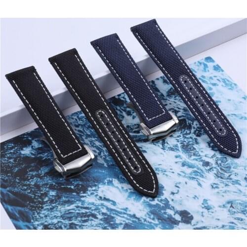20mm Black Blue Fabric Leather Canvas Watchband For Omega Seamaster 300 AQUA TERRA 150 Watch Strap Folding Buckle Accessories