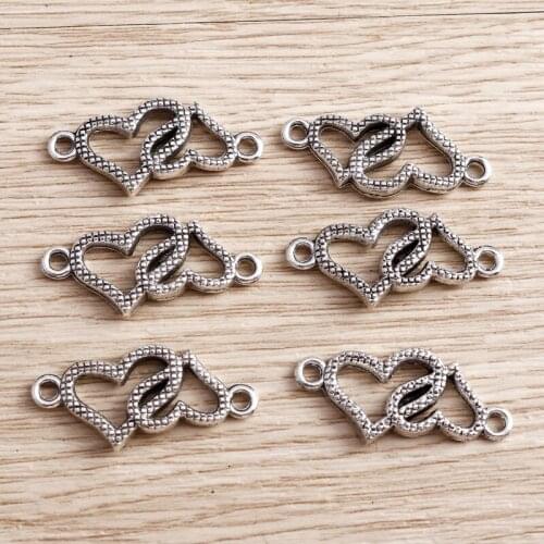 20pcs 28*14mm Double Love Heart Charms Connector for Necklaces Bracelets DIY Making Zinc Alloy Lattice Charms Jewelry Findings