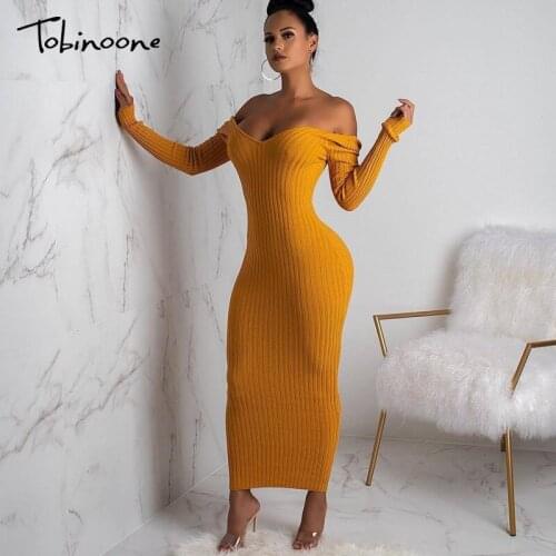 Tobinoone Off Shoulder Knitting Cotton Party Sexy Dress Women Backless Bodycon Dresses Full Sleeve Night Club Long Vestidos