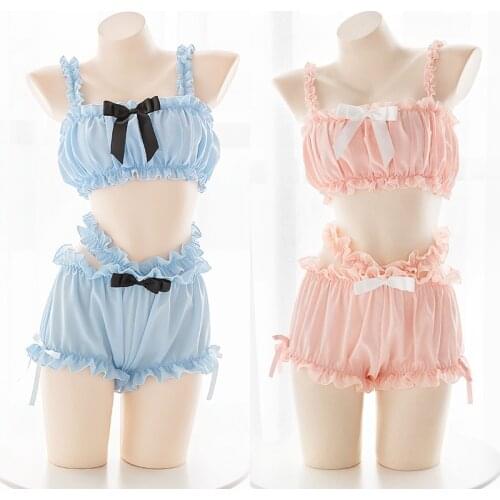 Japanese Style Cute Ruffles Camisole & Bead Shorts 2Pcs Set Pink Blue Sweet Lolita Kawaii Chiffon Bow Underwear Set pajamas