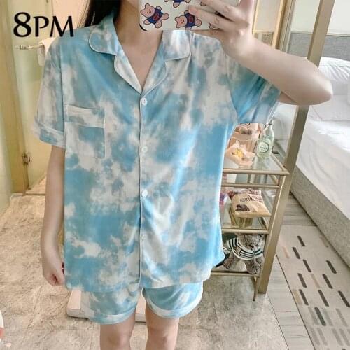 Women Satin Sleepwear Summer Fashion Print Pattern Pajama Sexy V-Neck Pijama Short Sleeve Shorts Set Sleep Shirt ouc1094