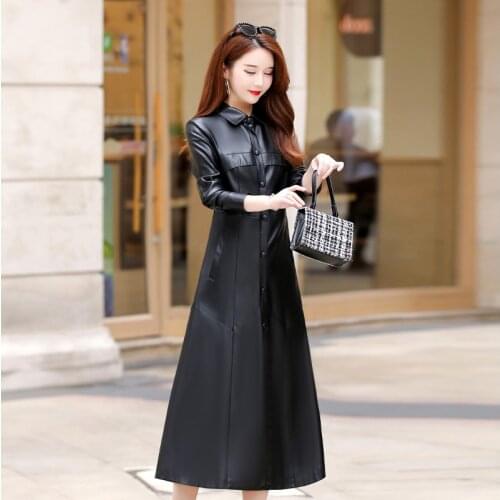 Long Leather Jacket Women Fall 2021 Fashion Plus Size Coat Sheepskin Turn-down Collar Full Sleeve Female Faux Leather Jackrts