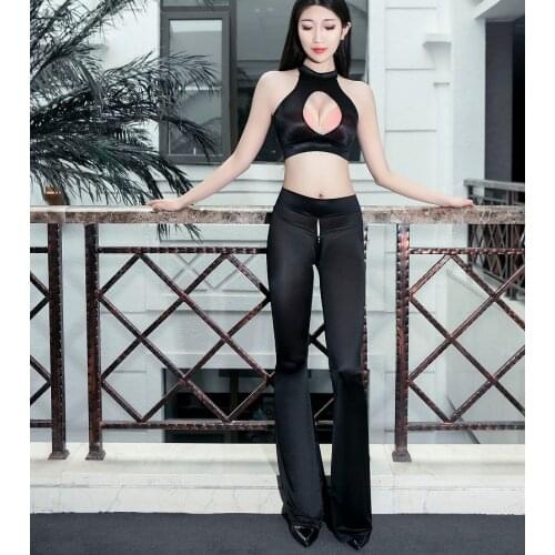 Women Sexy Perspective Bell-bottomed Pants Invisible Zipper Open Crotch Flared Trouser High Elastic Bell-bottoms Erotic Lingerie