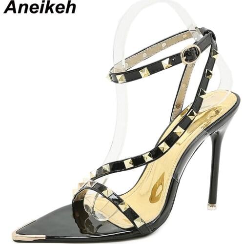 Aneikeh Conical Rivet Metal 12CM Thin Heels Womens Sandals PU Summer Pointed Toe Shallow Buckle Strap Fashion Party Pumps Shoes