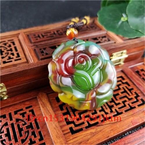 Women Natural Chinese Carved Flower Jade Fashion Charm Color Jewelry Men Gifts Amulet Necklace Hand Jadeite Pendant for