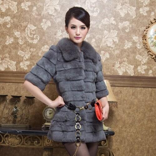 2018 Spring Autumn Womens Genuine Real Sheared Rabbit Fur Coat Fox Fur Collar Half Sleee Female Medium-long Outerwear VF0008