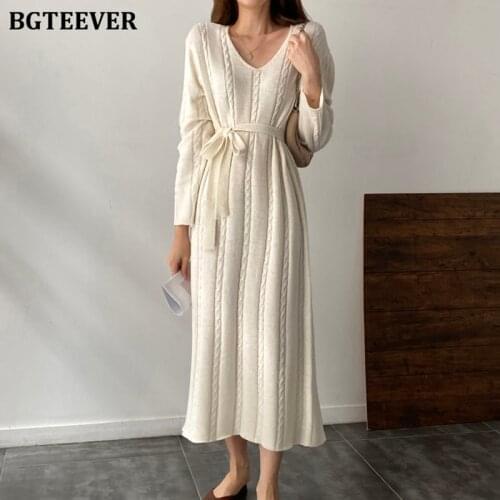 BGTEEVER Winter Loose Straight Knitted Dress Women V-neck Lace-up Female Full Sleeve Sweater Dress Casual Long Knitted Vestidos