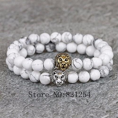 2pcs Nature 8mm Black Matt Onyx White Howlite Stone Bracelet Lion Beaded Bracelet Charm Men Bracelet Jewelry