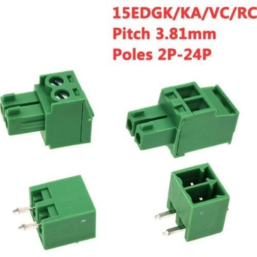 5pcs Pitch 3.81mm 15EDGK/KA/VC/RC 2-24 Pin Screw Plug-in PCB Terminal Block Wire Connector male/female Pluggable morsettiera 8A