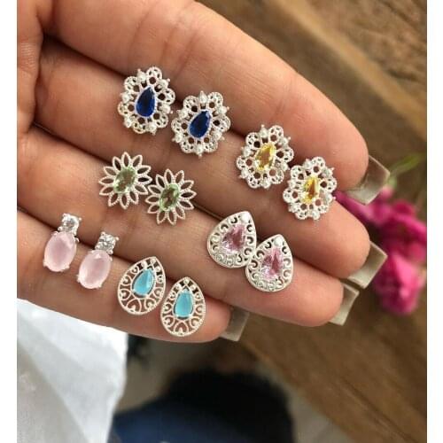 6Pairs/Set Boho Colorful Earrings For Women Arrow Cross Moon Flower GemPunk Stud Earings Set Personality Party Clothing Jewelry