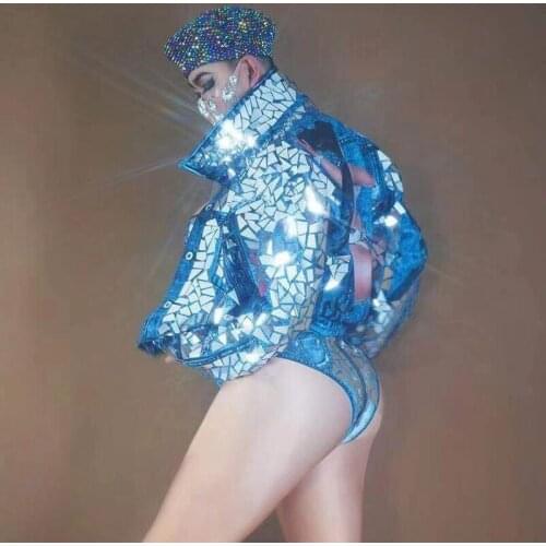 Shining Mirror Blue Fake Denim Jacket Jazz Dance Show Outfit Birthday Celebrate Prom Party Nightclub Dress Singer Stage Wear