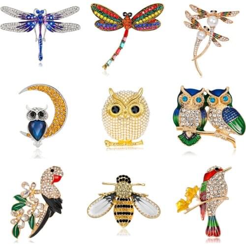 Cute Owl Rhinestone Crystal Brooches For Women Badges for Clothes Jewelry Collar Dragonfly Pins Gifts Accessories for Friends