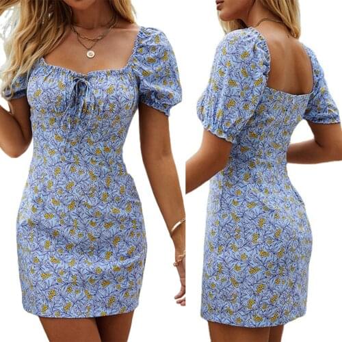 Elegant Puff Sleeve Floral Print Dress Womens Fashion Floral Tie-up Square Collar Skinny Dresses Short Mini Vestidos