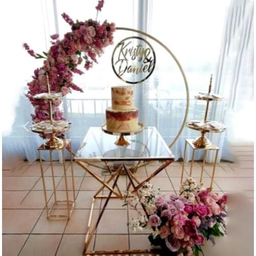 Circle backdrops Arch With 2 Layer Mirror Cake Stand Square Plinth For Wedding Birthday Party Baby Shower Stage DIY Props Decor