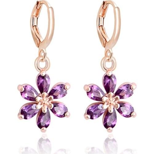 MISANANRYNE Top Quality 5 Colors Cubic Zirconia Dangle Drop Earrings Womens Jewelry Flower Crystal Purple Pink Earring