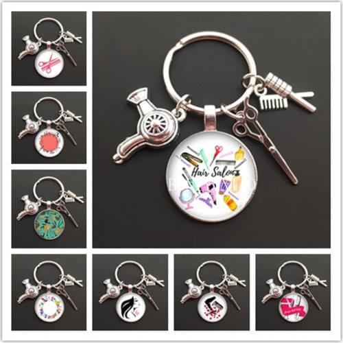 Fashion hairstyle glass keychain charm jewelry mini hairdressing scissors hair dryer comb keychain men and women jewelry gifts