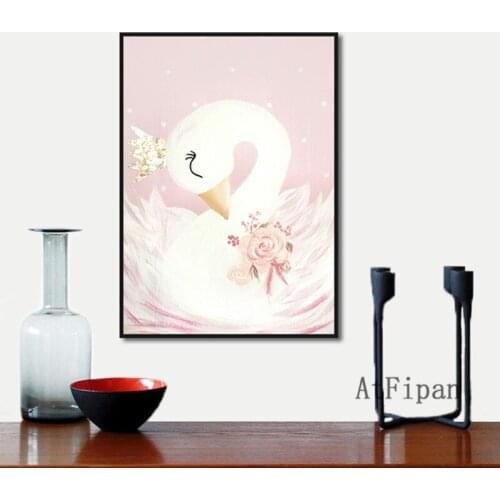 Cartoon Poster Pink White Swan Picture Wear Crown Picture Canvas Painting Prints Wall Art For Princess Room Girl Bedroom Decor
