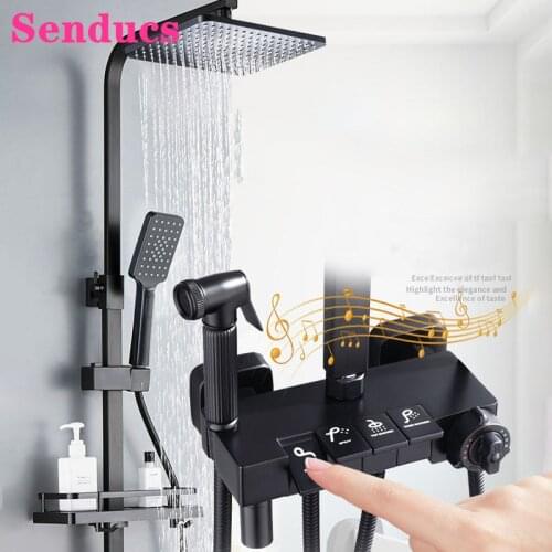 Matte Black Piano Bathroom Shower Set with 12 Inch Rainfall Shower Head Brass Thermostatic Bathroom Tap Piano Digital Shower Set