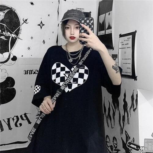 2021 summer new t-shirt tops female Korean retro love plaid print black loose trend short-sleeved mid-length T-shirt