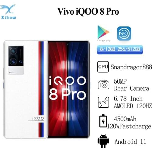 Original iQOO 8 Pro 5G 6.78'' Snapdragon 888 120Hz AMOLED 3200x1440 Screen 4500mAh 120W Flash 50W Wireless Charge 50MP CameraNFC