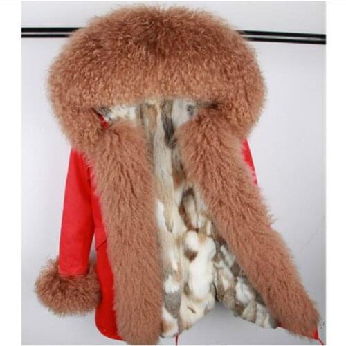 2020 new Women real bunny fur lined park with cotton black fur coat natural fur fur collar winter jacket