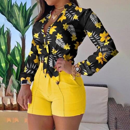 Long Sleeve Lace Up Print Women Shirts Autumn Black Deep V-Neck Loose Female Short Shirt Spring New Vintage Fashion Ladies Tops