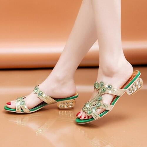 Lucyever Square Heels Crystal Slippers Women Summer Mix Color Hollow Out Low Heel Slides Woman 2021 Luxury Beach Party Shoes