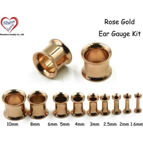Showlove-18Pcs Rose Gold Double Flare Ear Flesh Tunnel Gauge Kit Piercing Hollow Plugs Expander Stretchers Jewelry