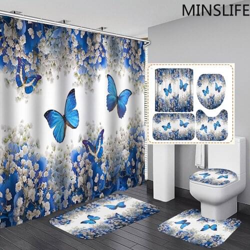 Blue butterflies in the flowers Pattern Bathroom Shower Curtain and Rug Sets Pedestal Rug Lid Toilet Cover Mat Bath Curtains