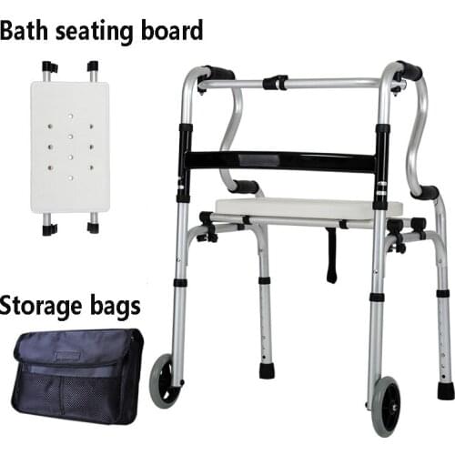 Foldable Elderly Walker Height Adjustable with Removable Wheels & Bath Seat Bathroom Chair Trolley for Patients and Disabled