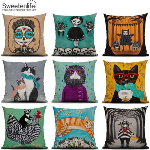 Sweetenlife 45x45cm Cute Cartoon Cushion Cover Cat Boxer Decorative Throw Pillows Linen Fabric Cushion For Chair Drop Shipping