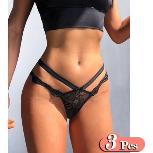 3Pcs/Lot Mid Waist Mesh Sexy Transparent Underwear For Women Lace Hollow Out Panties String Crotch Cotton Seamless Briefs Set