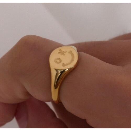 Waterproof Hypoallergenic 316L Stainless Steel 18K Gold Plated OK Smile Gold Rings For Women Round Signet Ring For Girl