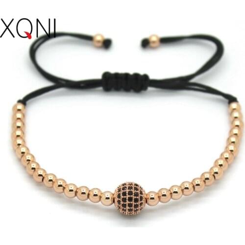 Best Quality Women Bracelet Gold Rose Plating 4mm Round Beads & 8mm Black CZ Charm Bracelet For Women Gift Adjust Size
