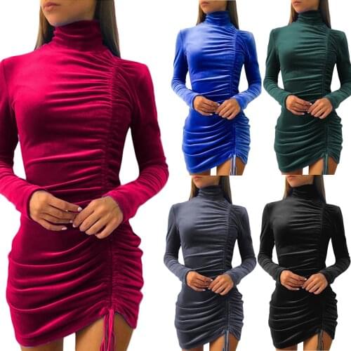 Women’s Casual Long Sleeve Skinny Dress Fashion Solid Color Drawstring Pleated Short Dress