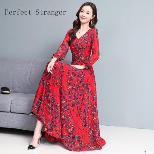 2021 Spring Autumn New Arrival Hot Sale Bohemian Style V Collar Flower Printed Long Sleeve Women Long Chiffon Dress