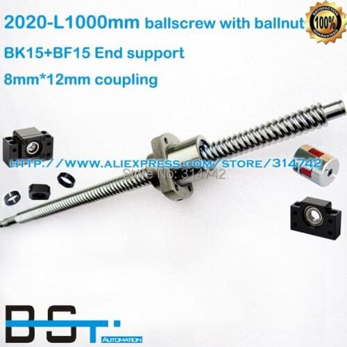 20mm Lead Ball screw RM2020- L 1000mm with SFE2020 ballnut + BK15 BF15 Ballscrew Support block + 8mm to 12mm coupler