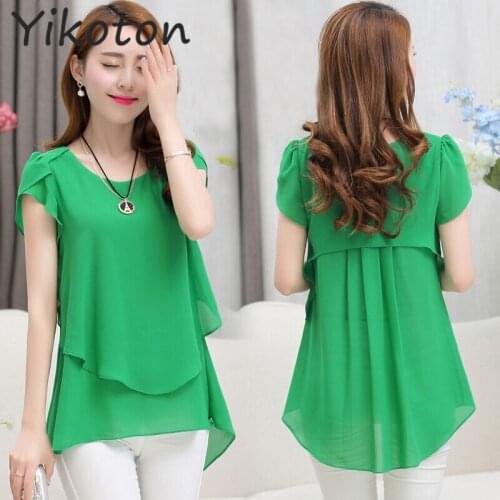 2021 Summer Blouse Shirt Fashion Petal Sleeve Ladies Loose Chiffon O-Neck Soild Shirts Casual Tops Plus Size 5XL Blusas Chemise