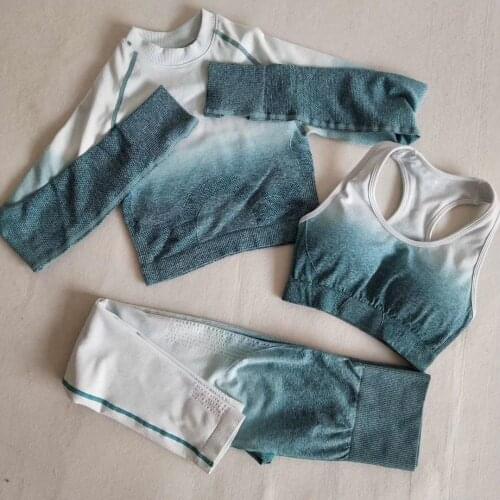Ombre Seamless Leggings+Sports Bra+Long Sleeve Crop Top 3Pcs Yoga Set Women Running Gym Clothing High Waist Fitness Sports Suit