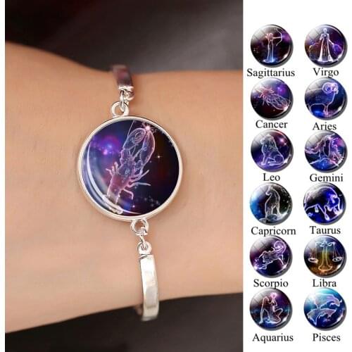 12 Zodiac Signs Dome Glass Constellations Silver Color Bracelet Fashion Jewelry Women Aries Cancer Libra Leo Virgo Birthday Gift