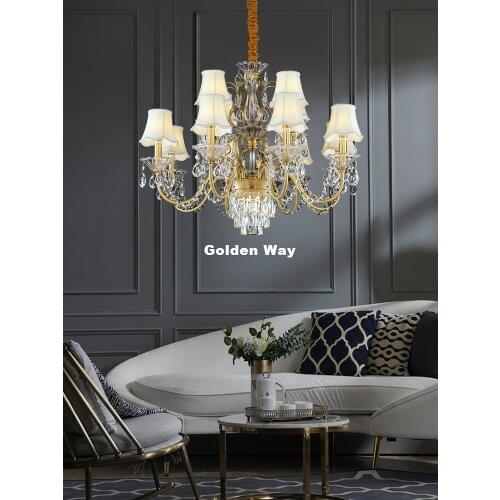 European Style Copper Crystal Chandelier Home Living Room Ceiling Chandeliers Fabric Shade 6-12 Arms AC Hotel Restaurant Lights